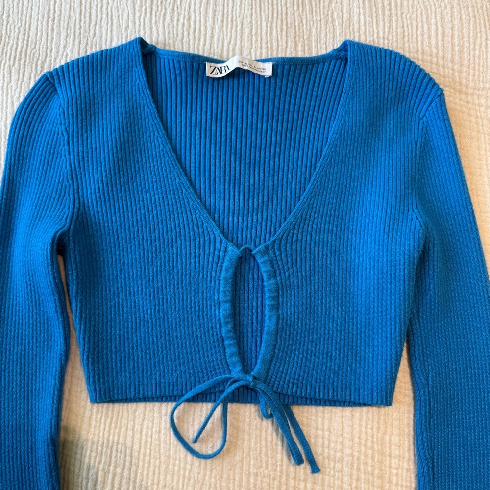Zara Ribbed Tie-Front Long Sleeve Crop Top | Size S